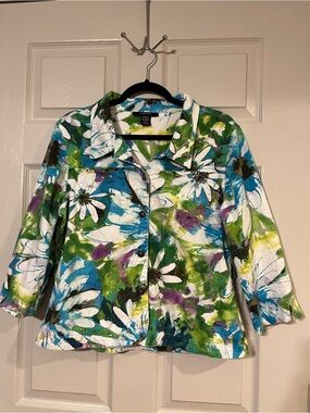 #62 Kartus Floral Painterly Print Women's Jacket - White/Green/Blue XLarge